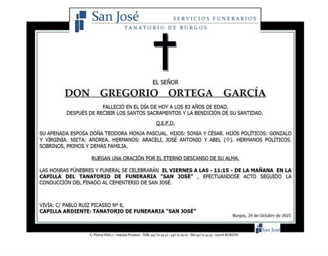 Esquela de Gregorio Ortega